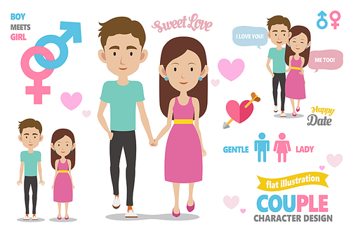 Sweet couple hand in hand with useful love elements in flat design