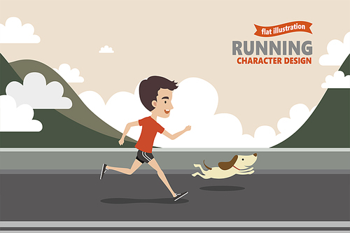 Running man with his dog in flat design, mountain and cloudy background