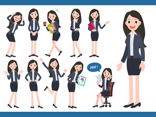 Businesswoman character collection, lovely office worker in different actions and facial expression