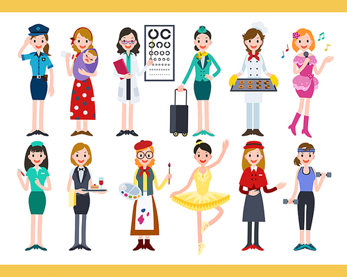 Female in different careers, collection of lovely diverse jobs in flat design