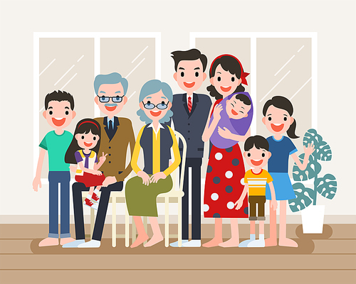 Happy family portrait, big family get together in flat design