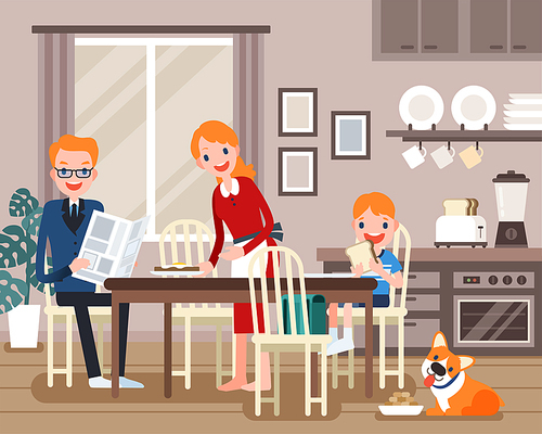 Lovely family characters, family having breakfast together in flat design