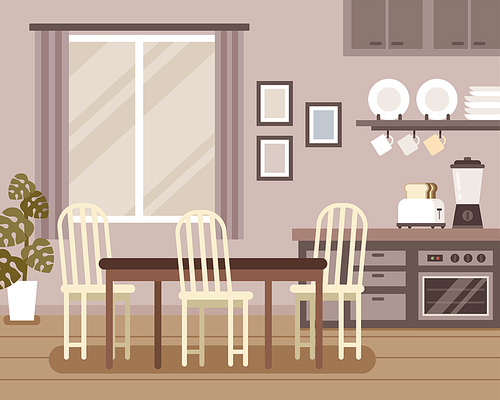 Lovely interior scene, dining room and kitchen decorations in flat design
