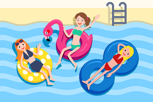 Three cute girls lying on the lifebuoy and holding the hot summer swimming pool party, top view