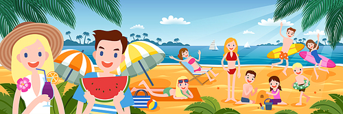 Tropical beach party with people enjoying hot summer time in flat design