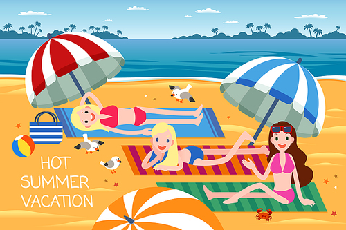 Hot summer vacation with three women enjoying suntan on the beach, flat design