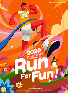 Lively cross-country running event poster in orange tone with a man crossing the finish line