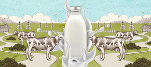 Farm fresh milk with splashing liquid in 3d illustration on engraved farmland background, blank glass bottle