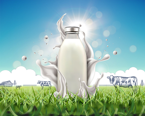 Organic blank bottle milk with splashing liquid on grassland in 3d illustration