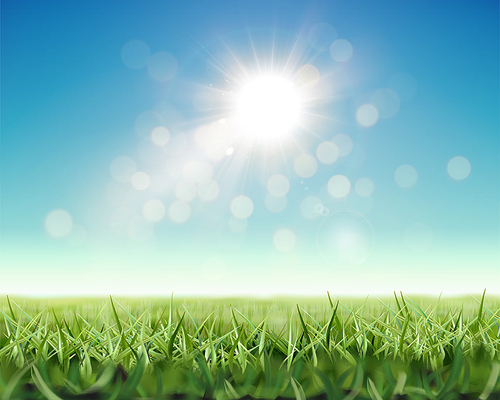 Refreshing nature background with shiny sunlight and green grassland in 3d illustration