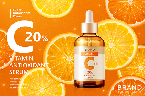 Vitamin C serum ads on beautiful sliced citrus background in 3d illustration