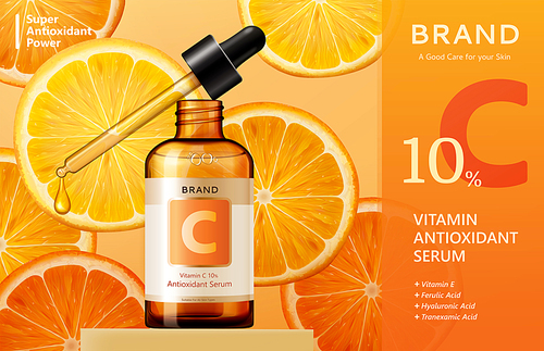 Vitamin C serum ads on beautiful sliced citrus background in 3d illustration
