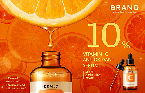 Vitamin C serum ads with liquid dripping from citrus into droplet bottle in 3d illustration