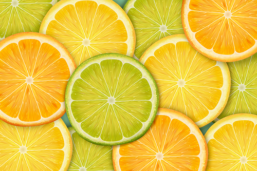 Colorful sliced citrus background in 3d illustration, top view