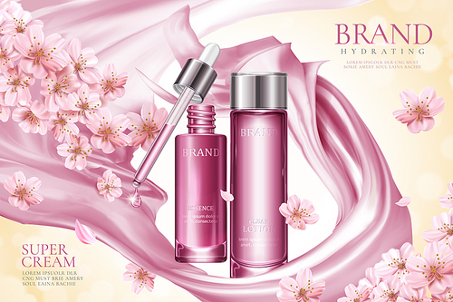Sakura skincare product ads with pink smooth satin and floral elements in 3d illustration
