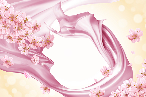 Pink smooth satin and floral background in 3d illustration