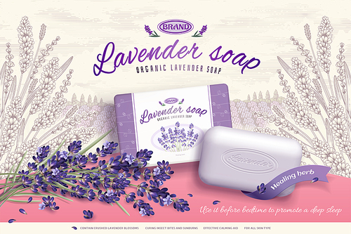 Lavender soap ads with blooming flowers ingredients in 3d illustration, engraved elegant garden background