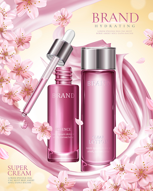 Sakura essence ads with pink satin and flowers elements in 3d illustration