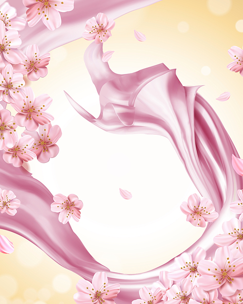 Pink satin and sakura flying in the air in 3d illustration