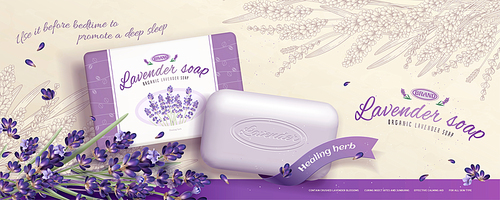3d illustration lavender soap ads with retro engraved flowers decorations
