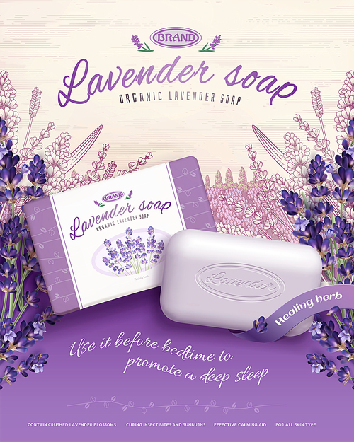 3d illustration lavender soap ads with retro engraved flowers garden background