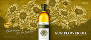 Sun flower oil banner ads in 3d illustration on elegant woodcut style sunflower garden background
