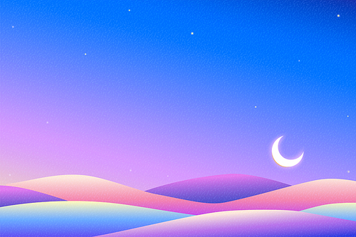 Dreamy neon color night desert with crescent background