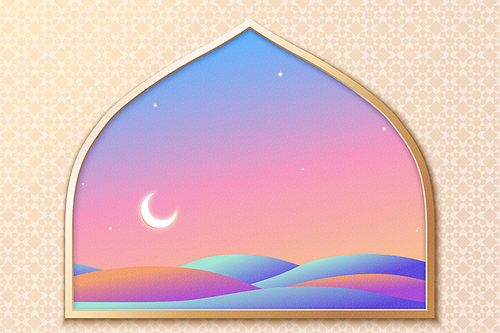 Dreamy neon color night desert scenery looking through from islamic arch window on arabesque background