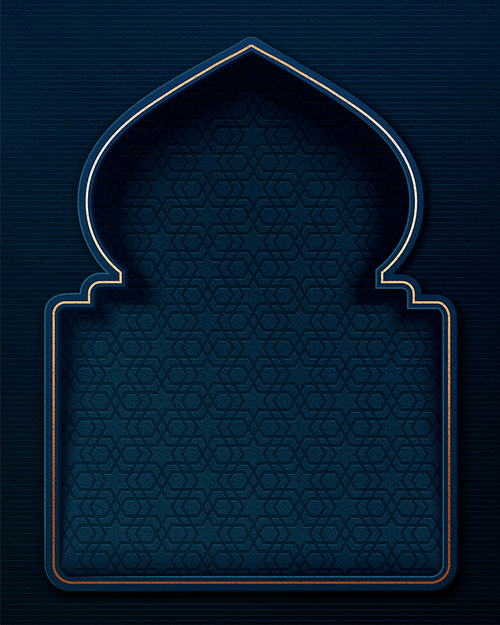Dark blue Ramadan geometric motif in arabesque door shape background with golden color frame