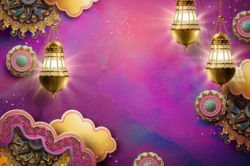 Islamic art fuchsia color background with arabesque and hanging lanterns