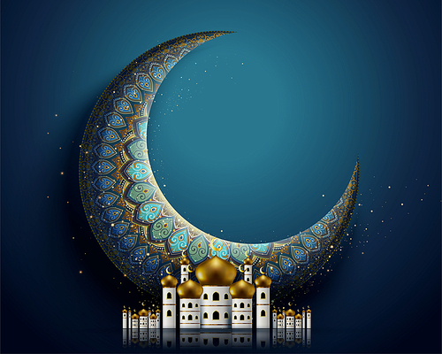 Giant arabesque moon with mosque on blue background