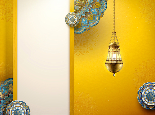 Arabesque flower pattern and hanging fanoos on yellow background