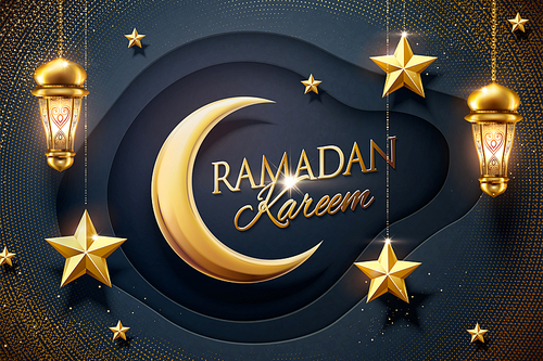 Ramadan design dark blue paper background with hanging golden star and fanoos