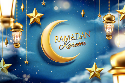 Ramadan design magical night sky with hanging golden star and fanoos