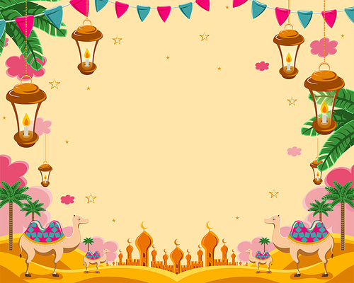 Exotic arabic desert scenery with camel and palm tree in flat style