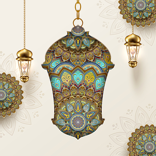 Arabesque pattern fanoos on light beige background