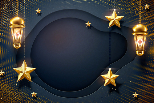 Dark blue paper background with hanging golden star and fanoos