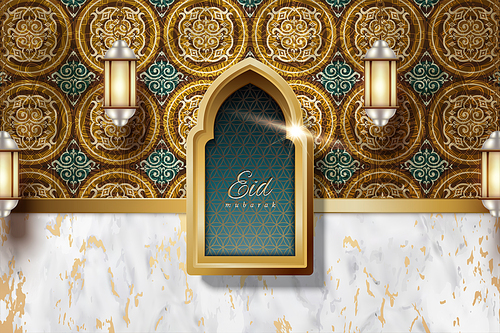 Eid Mubarak design with arabesque decorations and marble stone texture background, lanterns hanging in the air