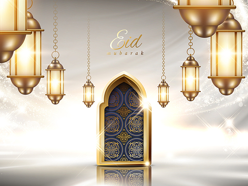 Eid Mubarak design with luxurious interior scene, hanging lanterns and arabesque arch on pearl glittering background