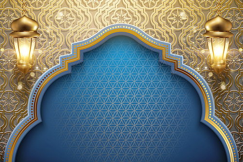 arabic holiday design with glowing golden lanterns and carved floral  background, 3d illustration