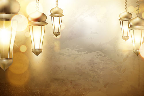 Arabic holiday design with glowing golden lanterns with copy space, 3d illustration