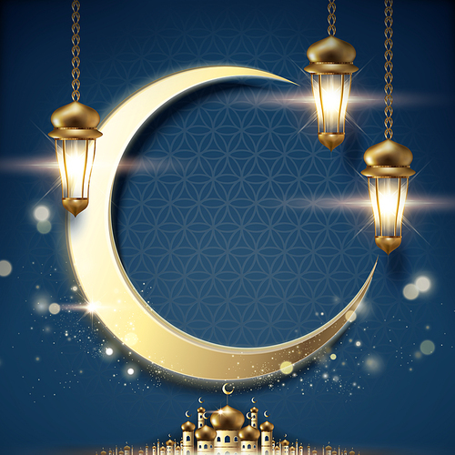 Arabic holiday design with glowing golden lanterns and giant crescent on blue night background, 3d illustration