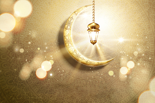 Arabic holiday design with golden crescent and glowing lantern on mandala background, 3d illustration