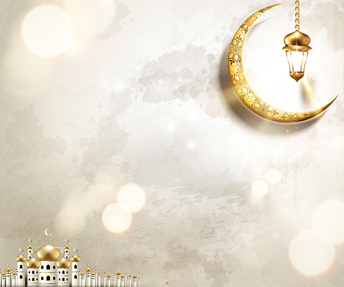 Arabic holiday design with mosque and golden crescent on pearl white background, 3d illustration