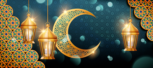 Eid mubarak banner design with arabesque decorations, hanging lanterns and crescent