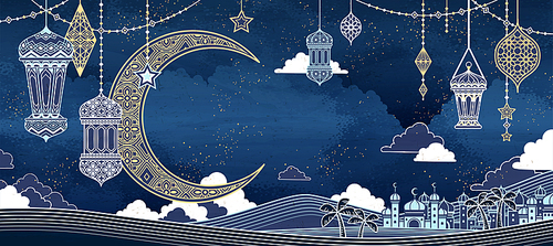 Islamic line style background with mosque and big crescent in night desert