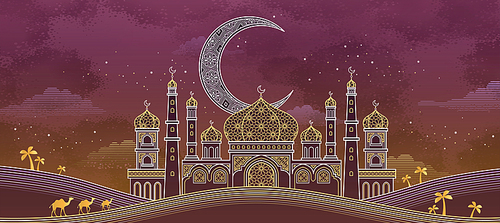 Eid mubarak calligraphy which means happy holiday on magical mosque background in exquisite line style