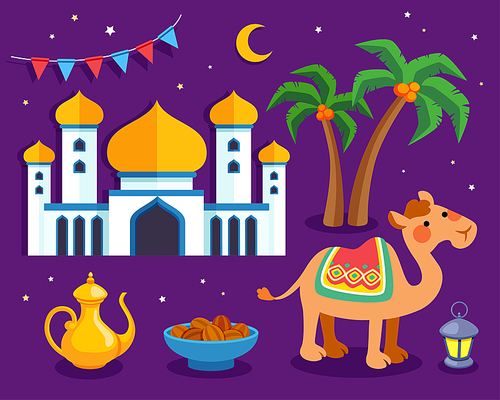 Lovely arabic culture symbol with camel, mosque, palm tree and water jug on purple background in flat design