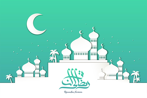 White mosque scenery in paper style on turquoise background, Ramadan Kareem calligraphy for greeting uses