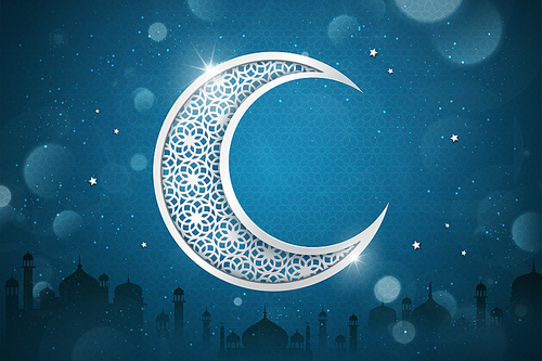 Islamic holiday background design with carved crescent on glitter blue background, mosque silhouette elements